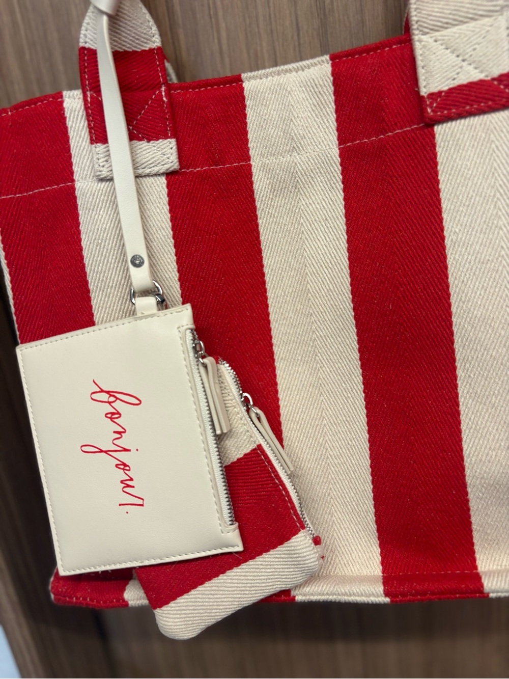 Rae Dunn Red and Cream Striped Canvas Tote with Pouch Set - Picture 3 of 8